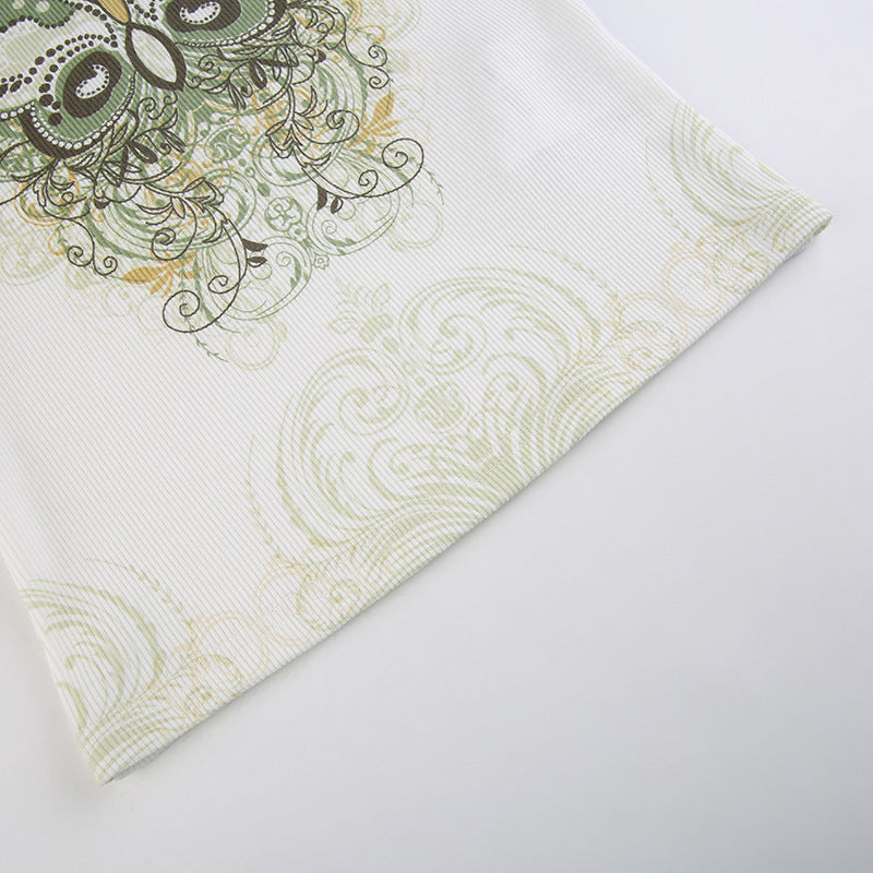 Slim Knitted Vest White Sleeveless O Neck Butterfly Vintage Print Tank Crop Tops