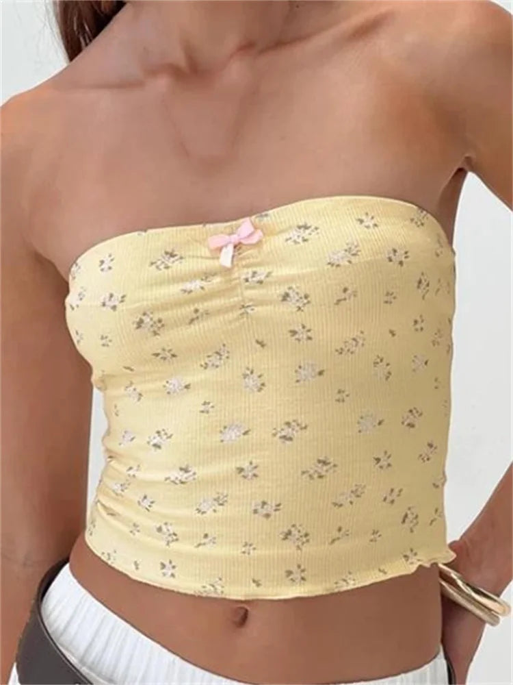 Vintage Floral Front Bow Patchwork Strapless