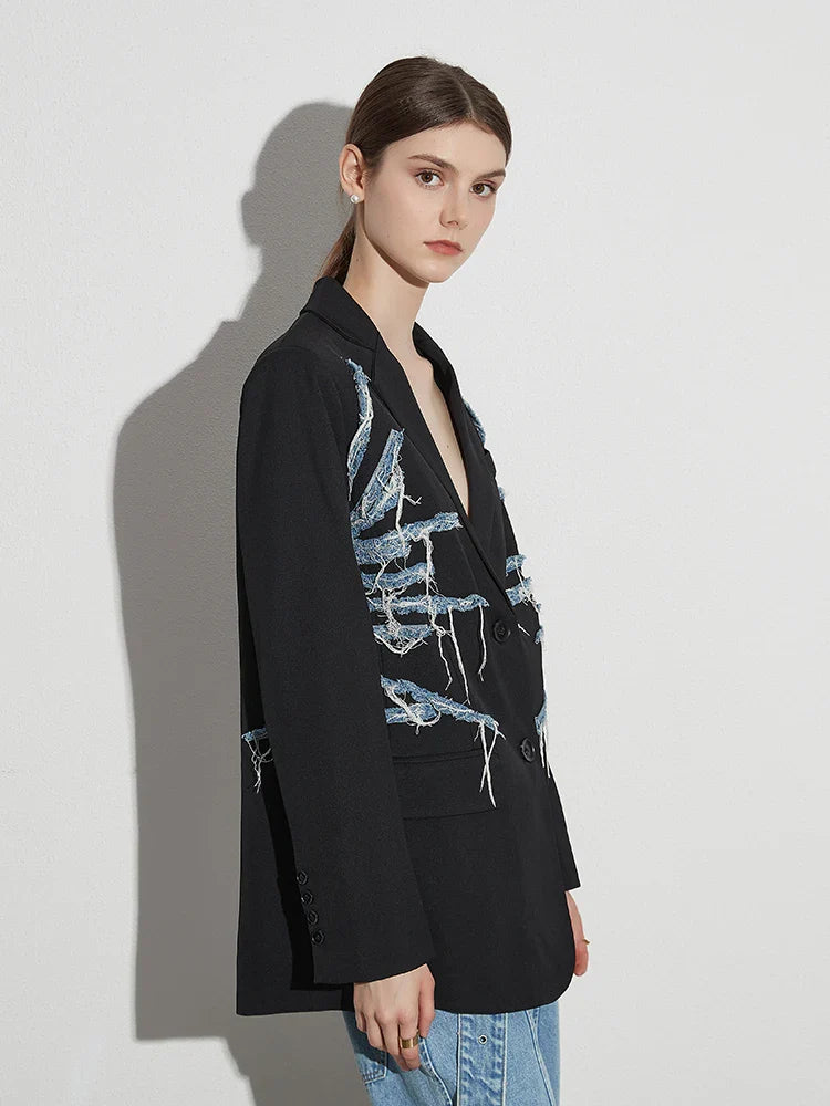 Fillipa Frayed Denim Line Patchwork Blazer