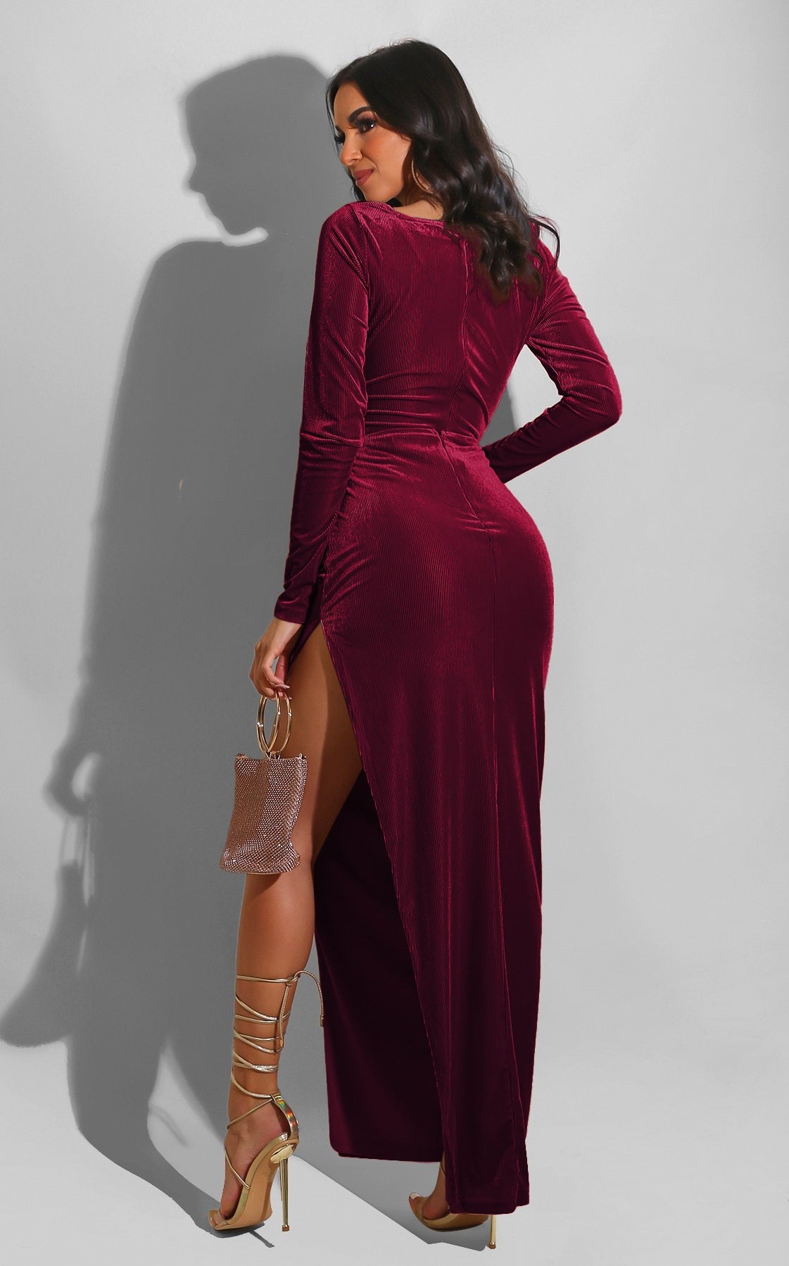 Elegant Velvet High Waist Slit Maxi Dress Long Sleeve Evening Party Dress
