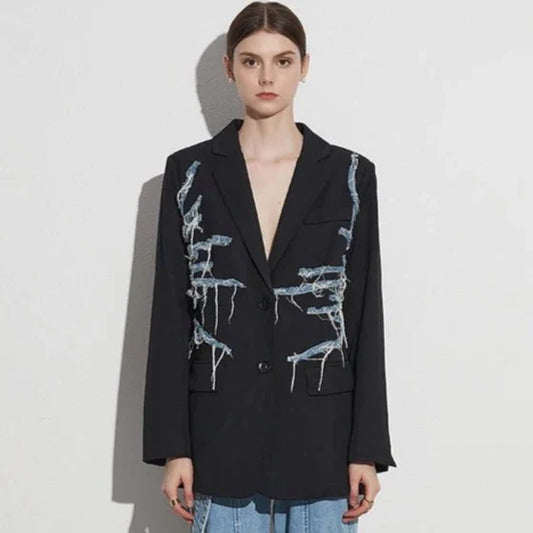 Fillipa Frayed Denim Line Patchwork Blazer