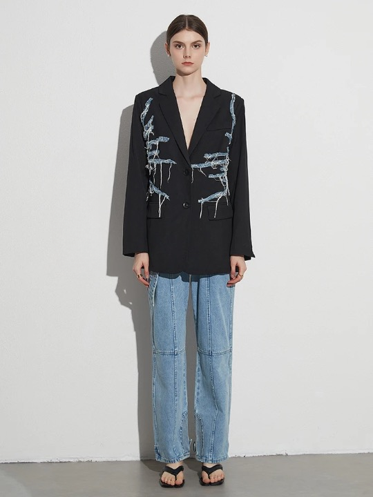 Fillipa Frayed Denim Line Patchwork Blazer