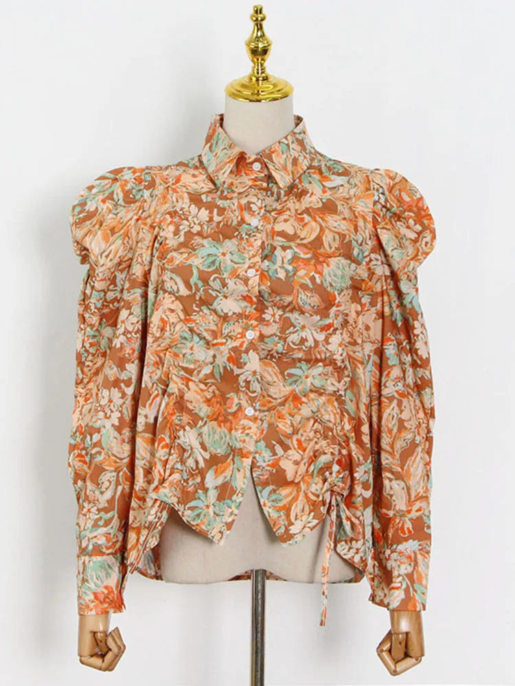 Carolina Spring Floral Puff Sleeve Shirring Blouse