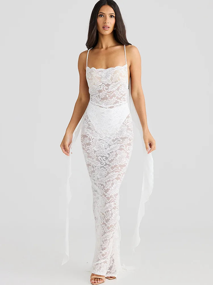 Trailing Flowing Skirt Patchwork Lace Dress