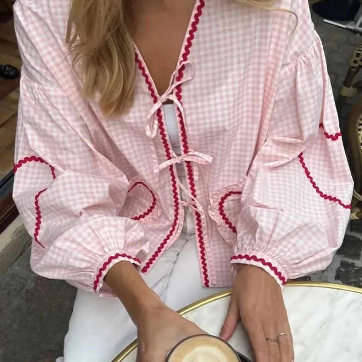 Claire Heart Applique Gingham Shirt Blouse