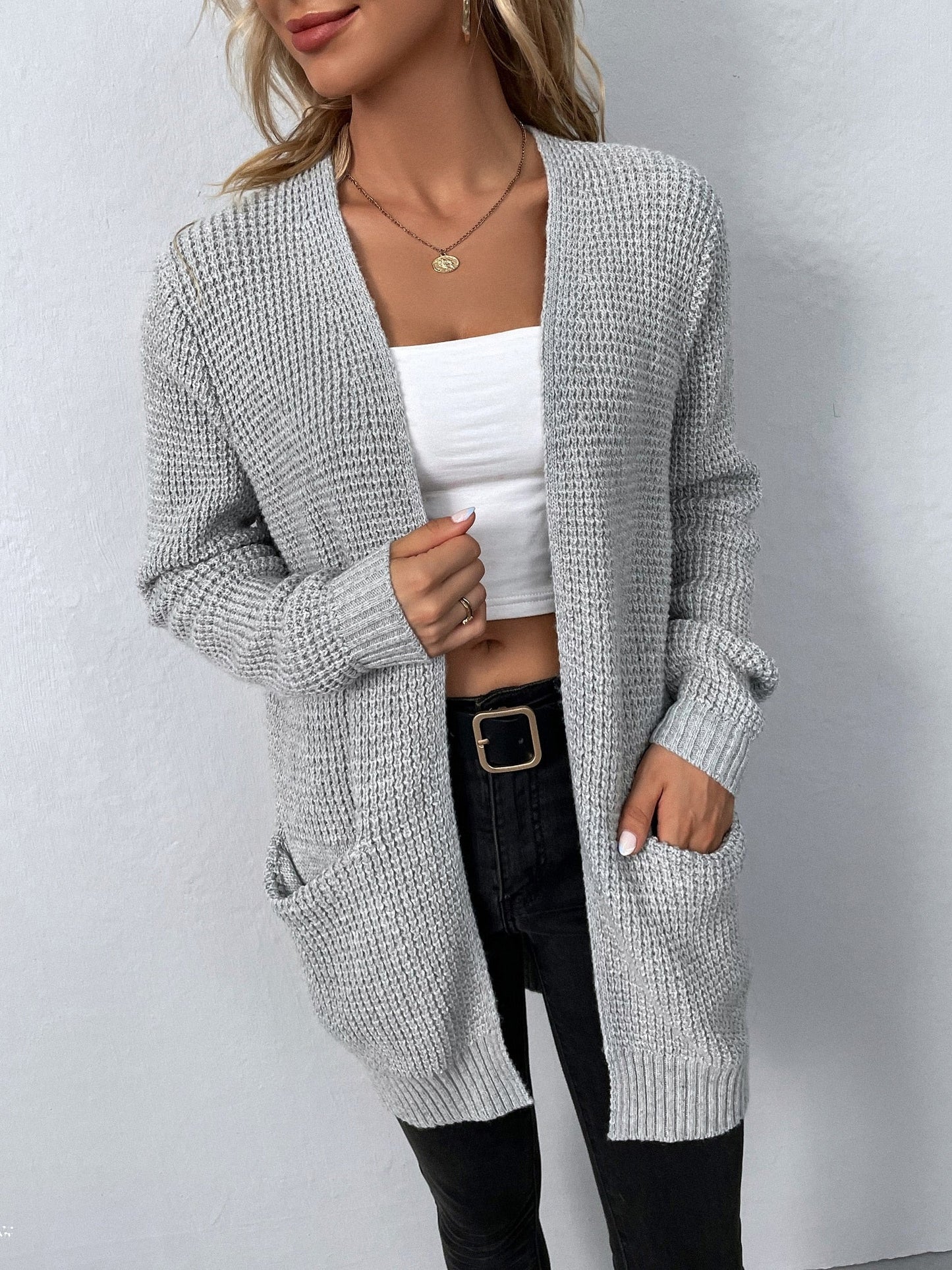 Solid Color Pockets Long Cardigan