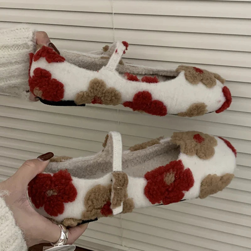 Lorie Vintage Floral Faux Fur Ballet Flats