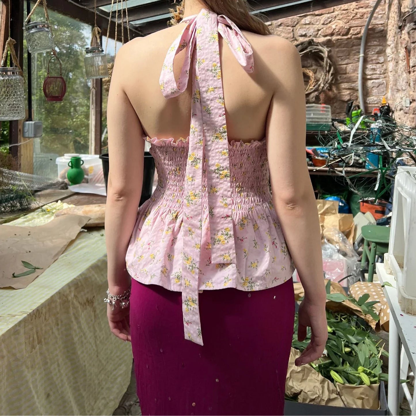 Y2K Floral Print Ruffled Hem Tie-Up Cami Top