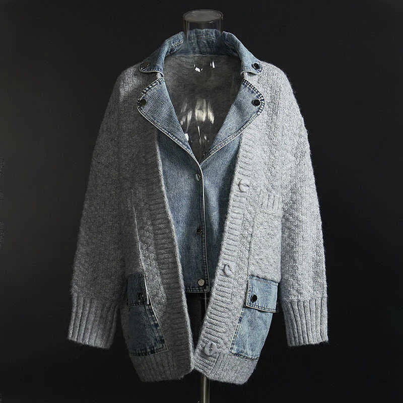 Yuke Denim Shirt Patchwork Grey Cardigan Jacket