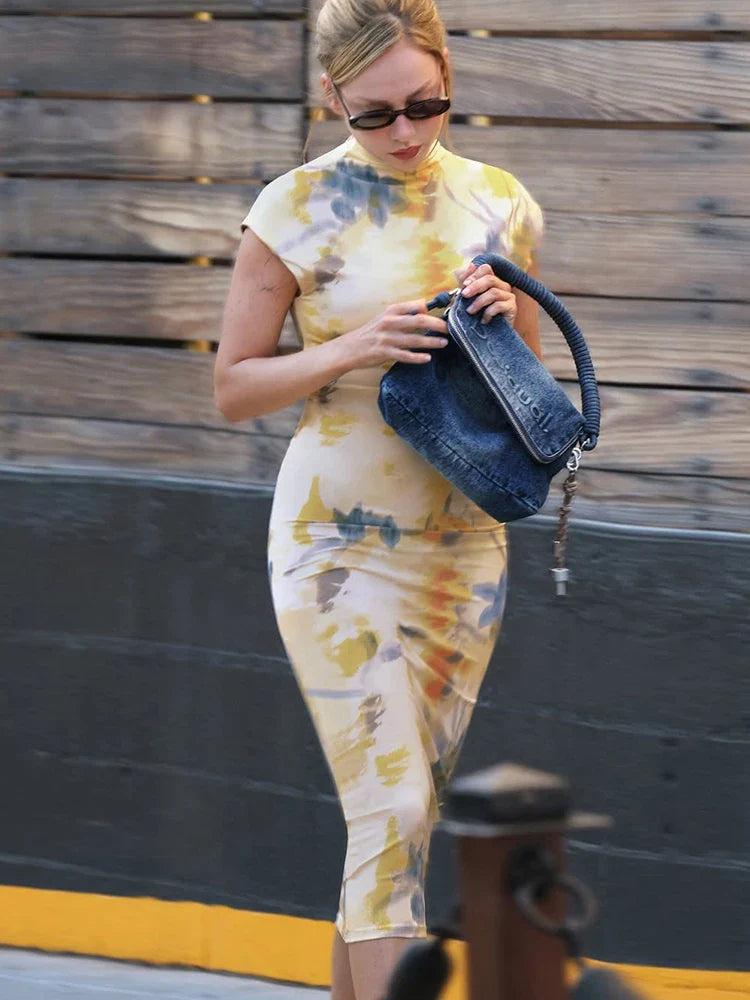 Tie Dye Turtleneck Slim Midi Dress