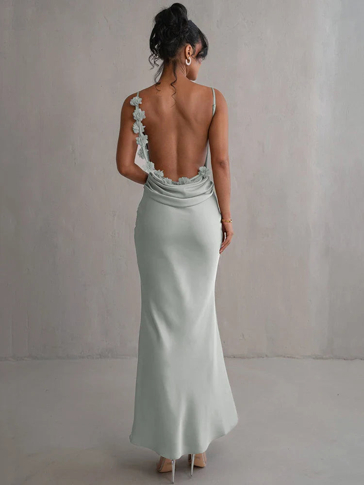 Floral Draped Backless Maxi Silk Dress