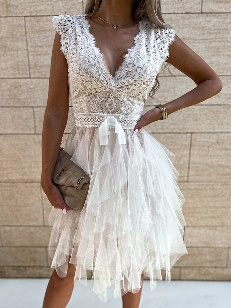 Lace Patchwork Asymmetrical White Dress Femme Sleeveless Slim Fit Party