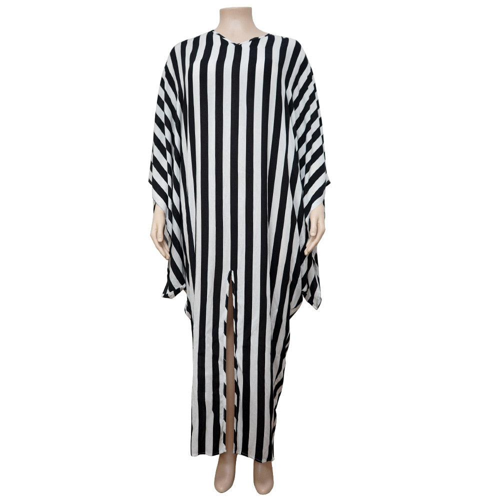 Plus Size Elegant Dresses Striped Print Split Party  Fashion Batwing Sleeve