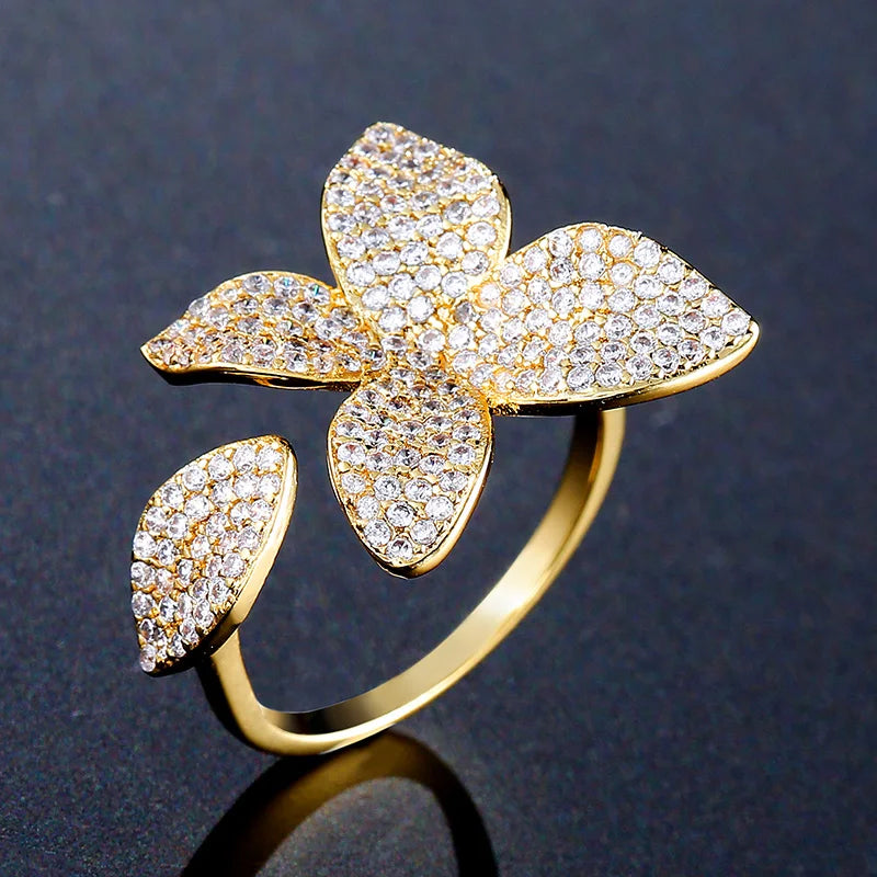 Rhinestone Flower Leaf Cocktail Rings