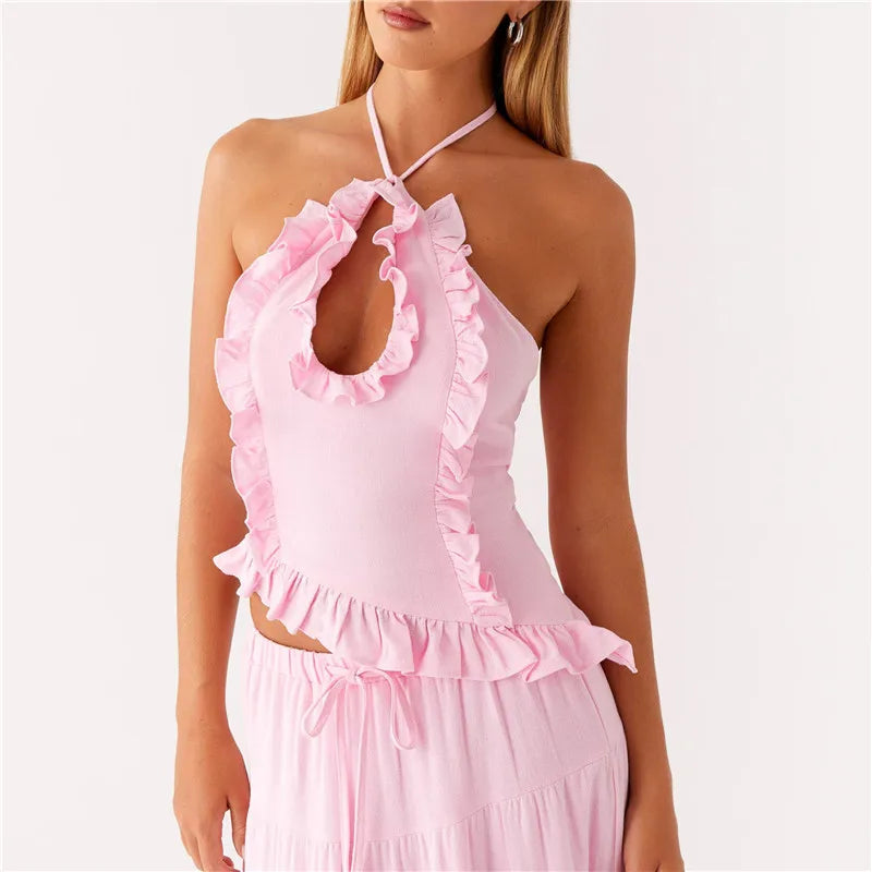Ruffle Frill Cute Y2K Front Cut-out Backless Cami Top