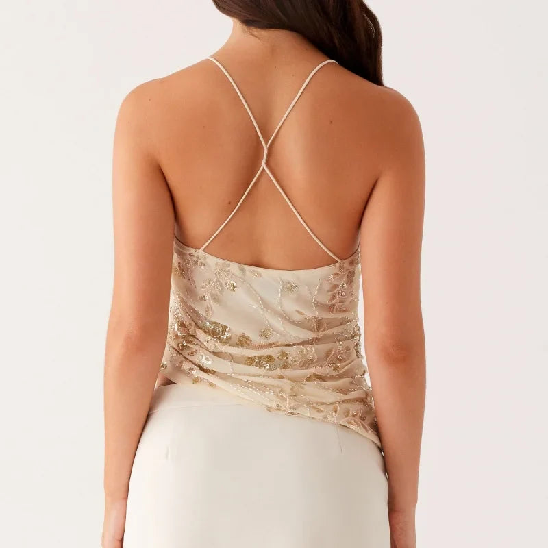 Sequin Sparkle Glitter Pearl Floral Y2K Cami Top