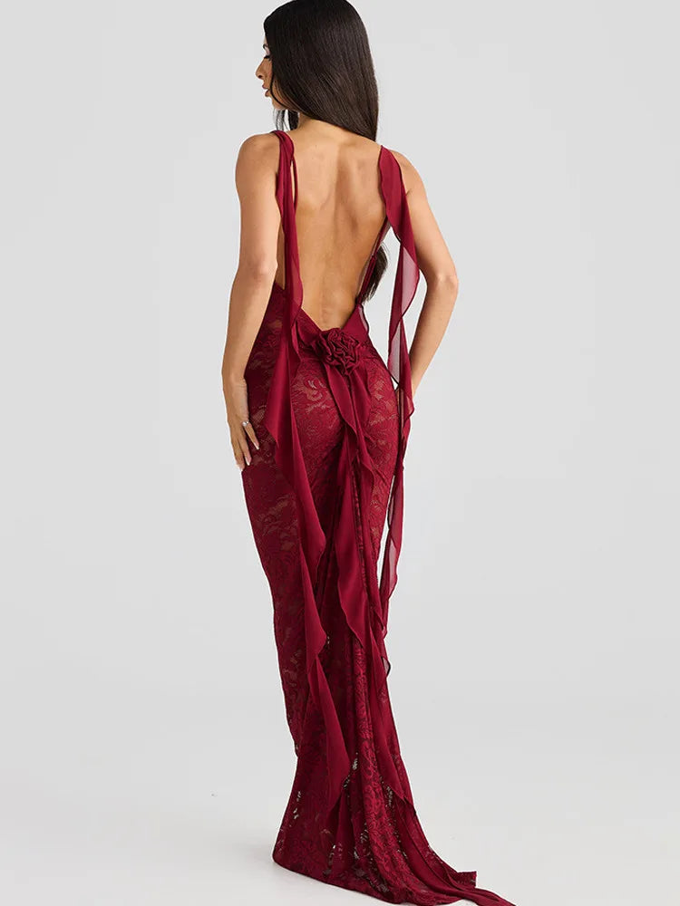 Trailing Flowing Skirt Patchwork Lace Dress