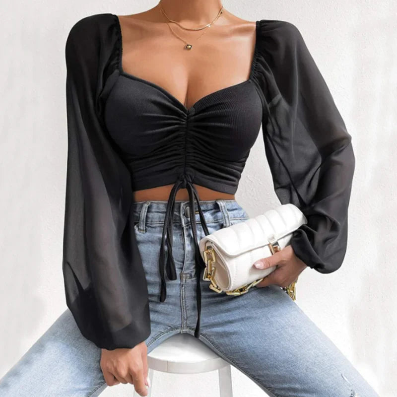 V-Neck Drawstring Bandage Sheer Top