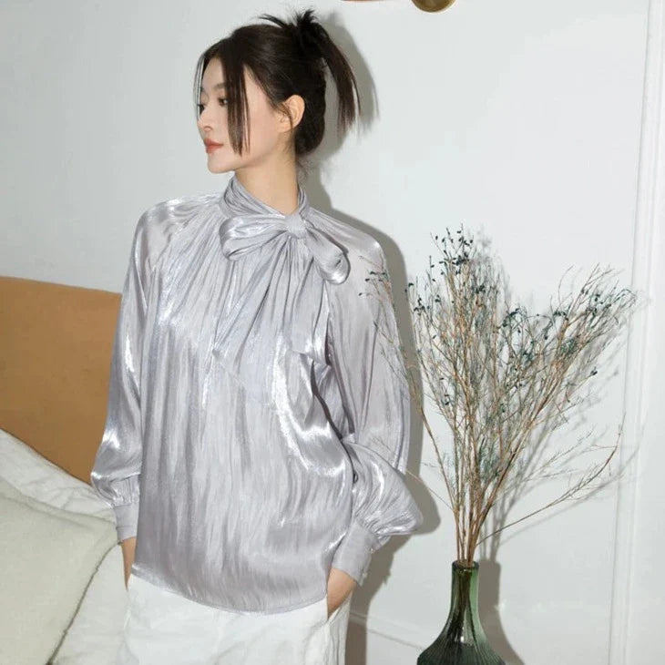 Jobelle Silver Glitter Bow Tie Neck Blouse
