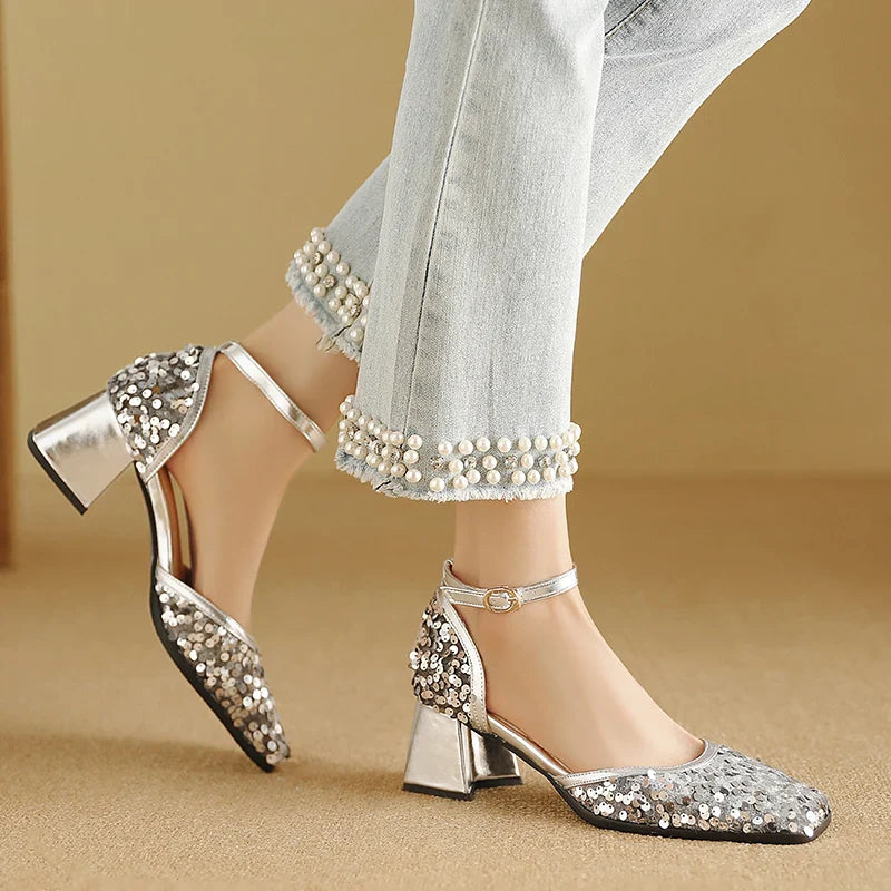Marley Metallic Sequin Ankle Strap Sandals