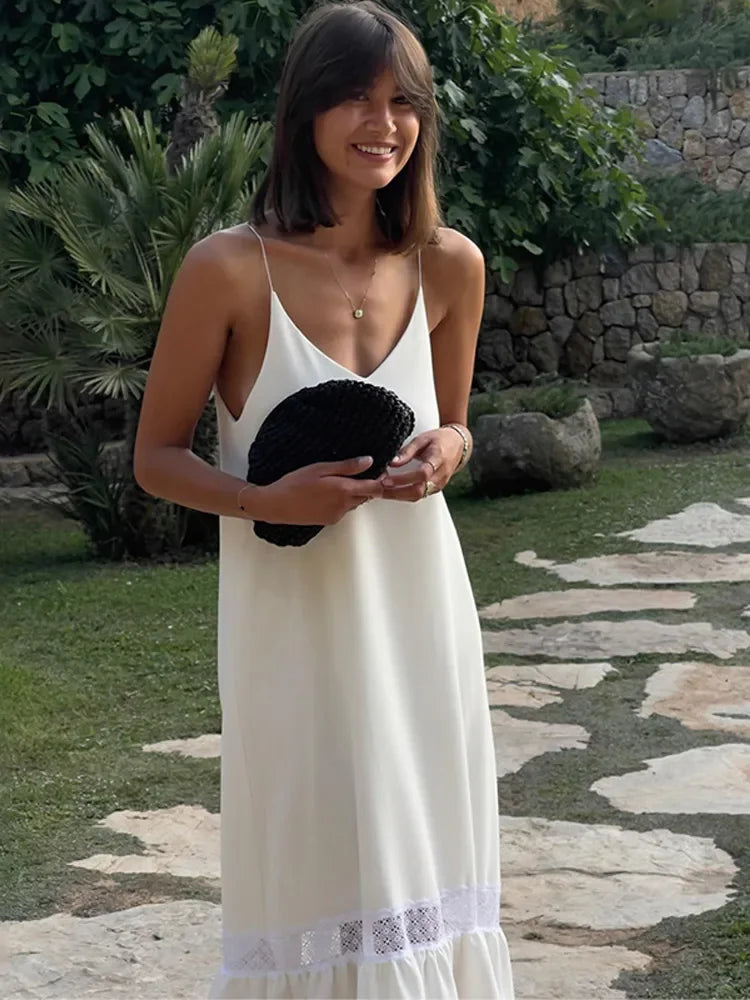 White Satin Mesh Backless Maxi Dress