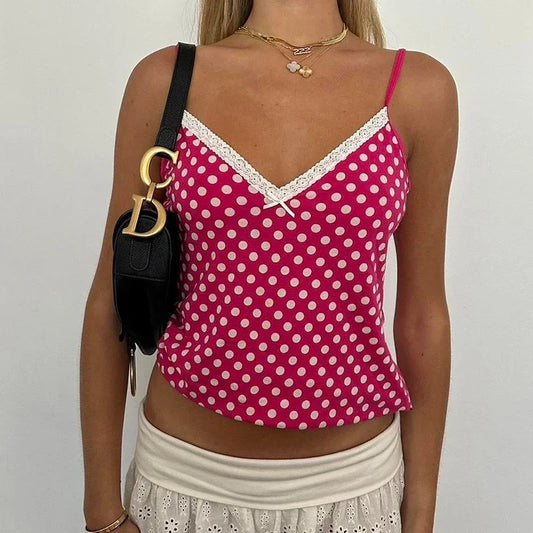 Vintage Polka Dot Lace Trim V Neck Cami Top