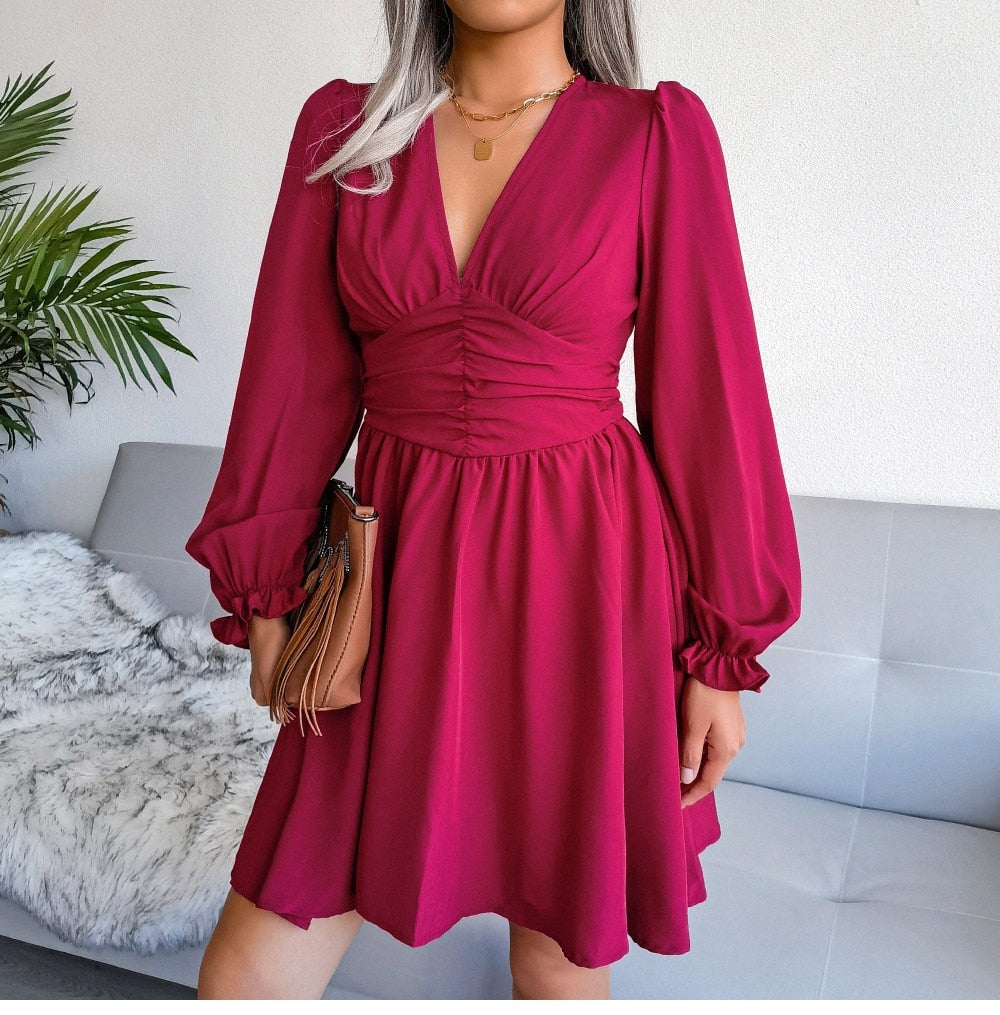 V-Neck Solid Colorl Chiffon Dress