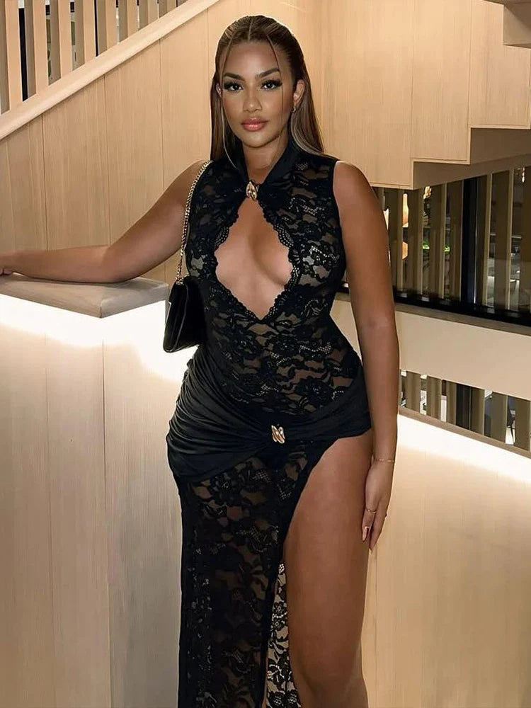 Embroidery Stand Collar Sheath Sheer Lace Dress