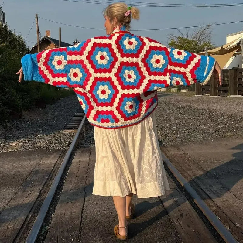 Taylee Geometric Retro Flower Print Quilted Blanket Half Coat