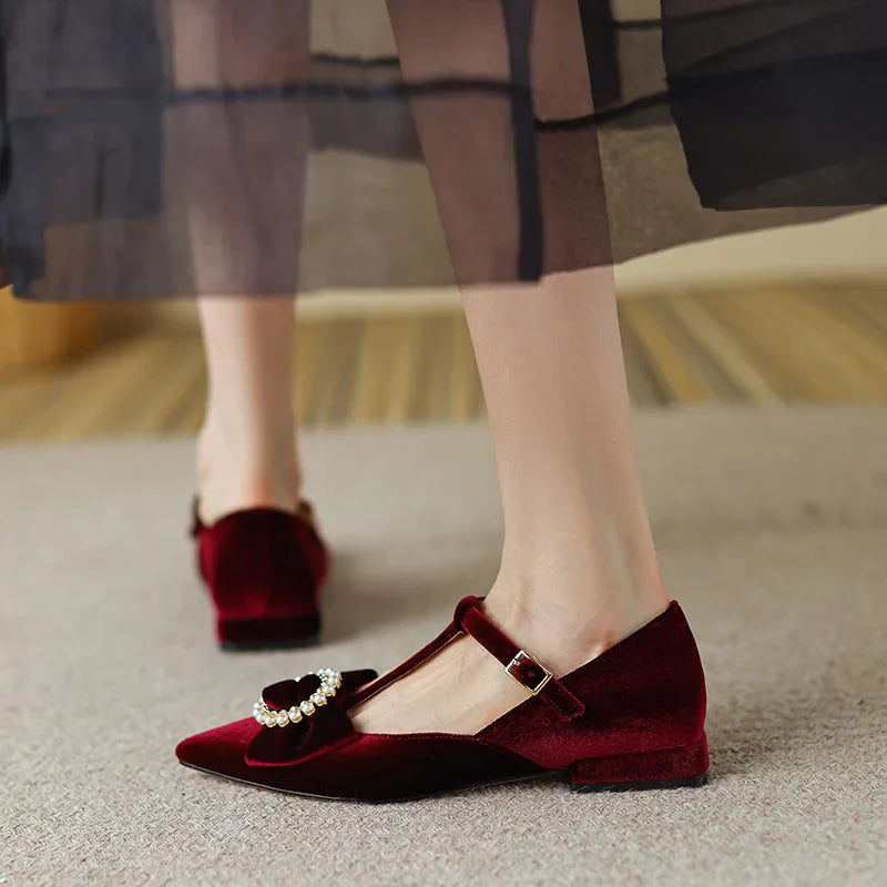 Sine Pearl Buckle Bow Velvet Mary Jane Flats
