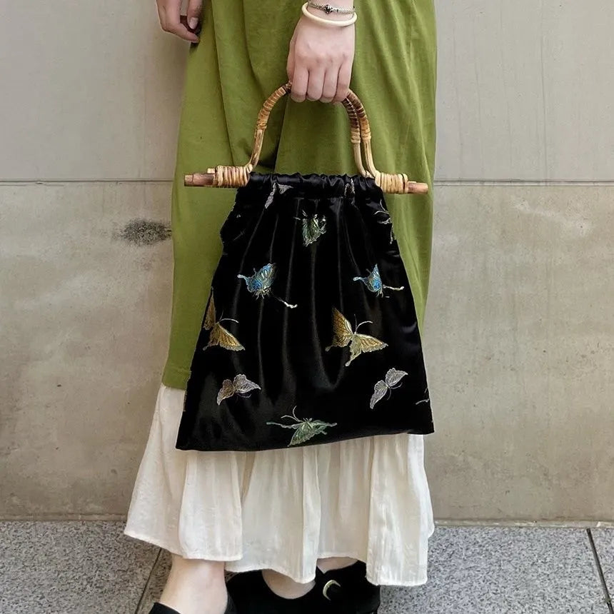 Mira Butterfly Silk Embroidery Bamboo Handle Tote