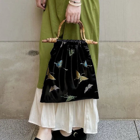 Mira Butterfly Silk Embroidery Bamboo Handle Tote