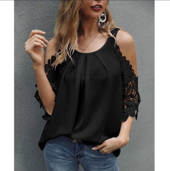 Off Shoulder Lace Blouse Summer Tops White Black Blouses O-Neck Solid Loose 5XL Clothes