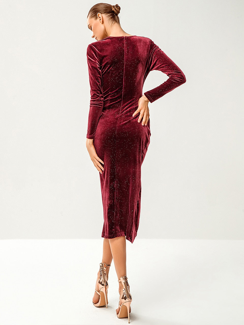 Velvet Dresses Long-Sleeved Sequin Party Club Outfit Wrap Dress