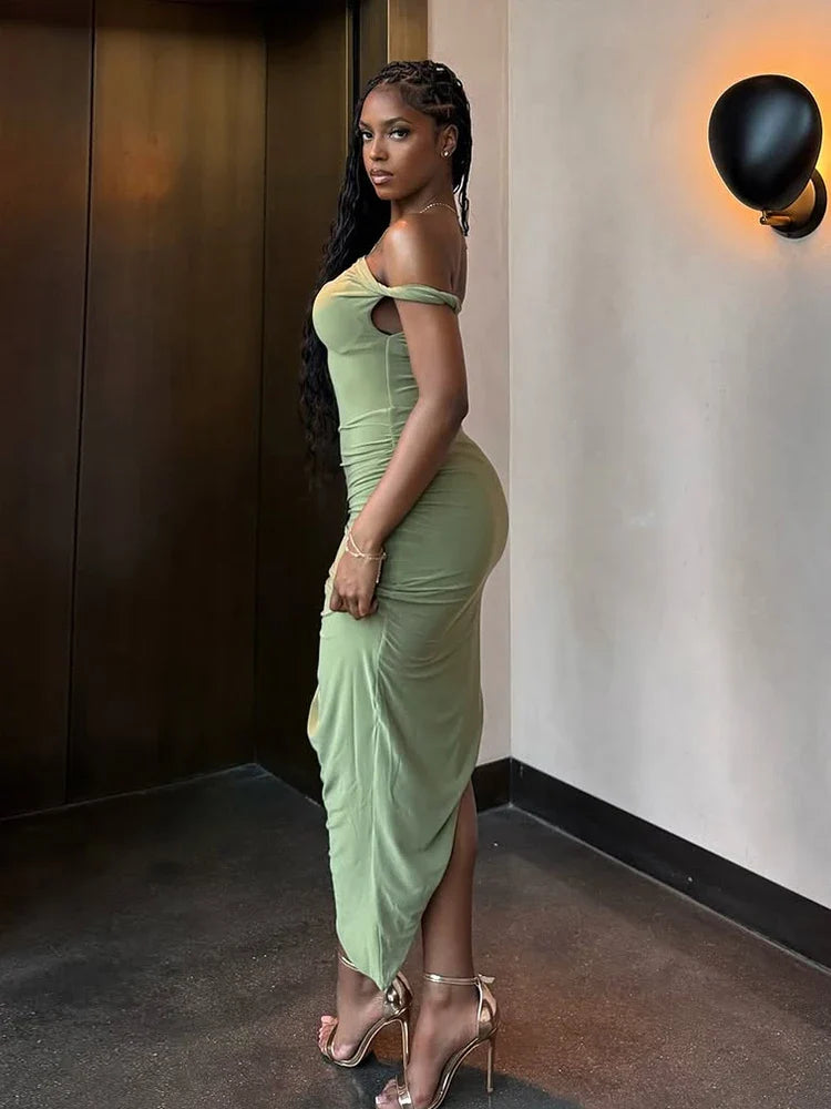 Ruched Off Shoulder Slim Midi Dress