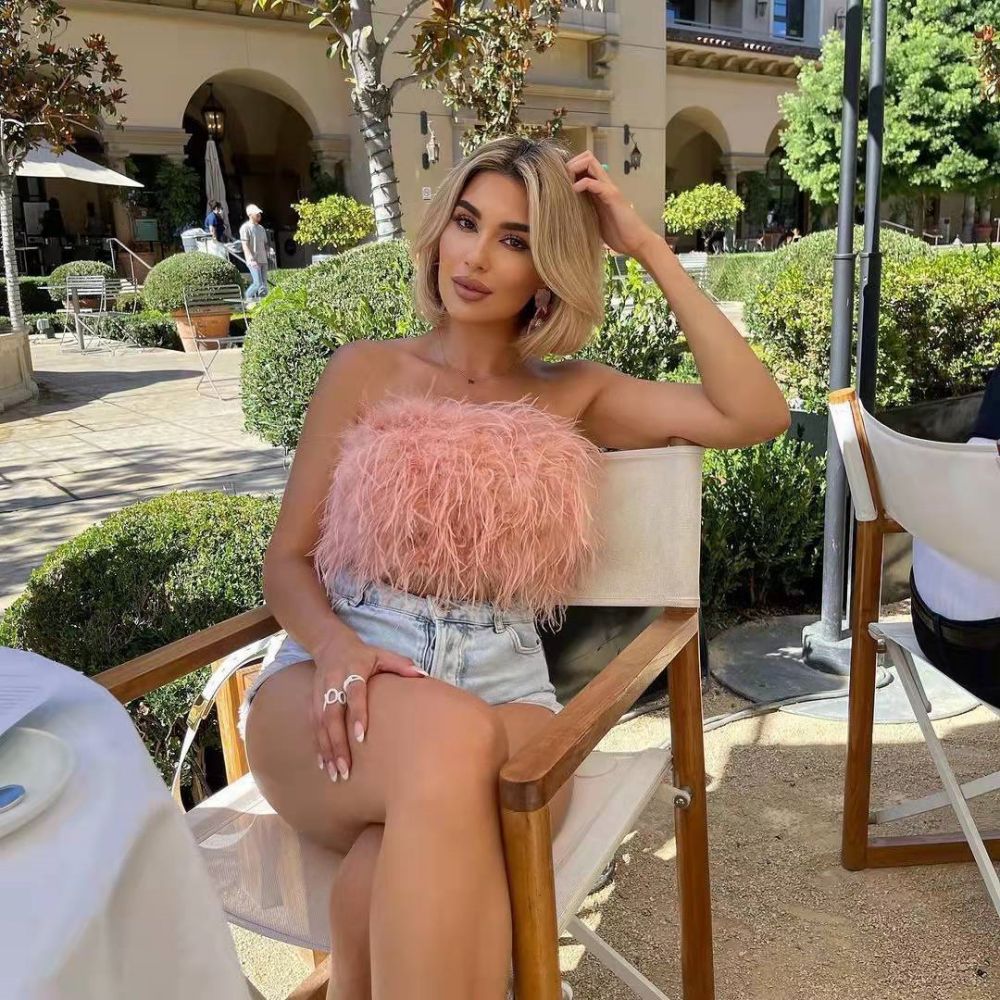 Faux Ostrich Feather Soft Fur Tank Short Vest Colorful Backless Nightclub Tube Top