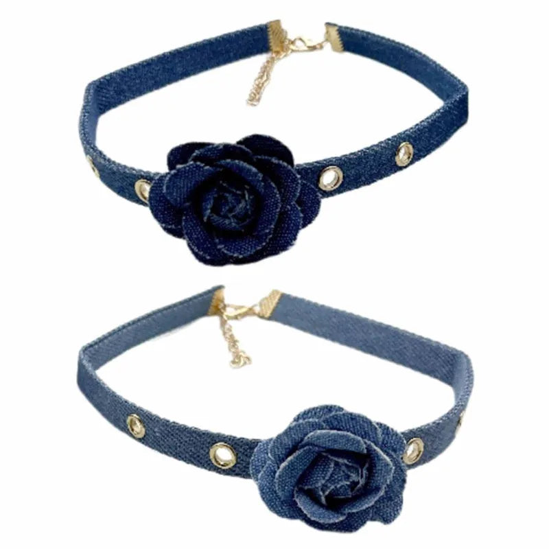 Denim Rose Corsage Choker Necklaces