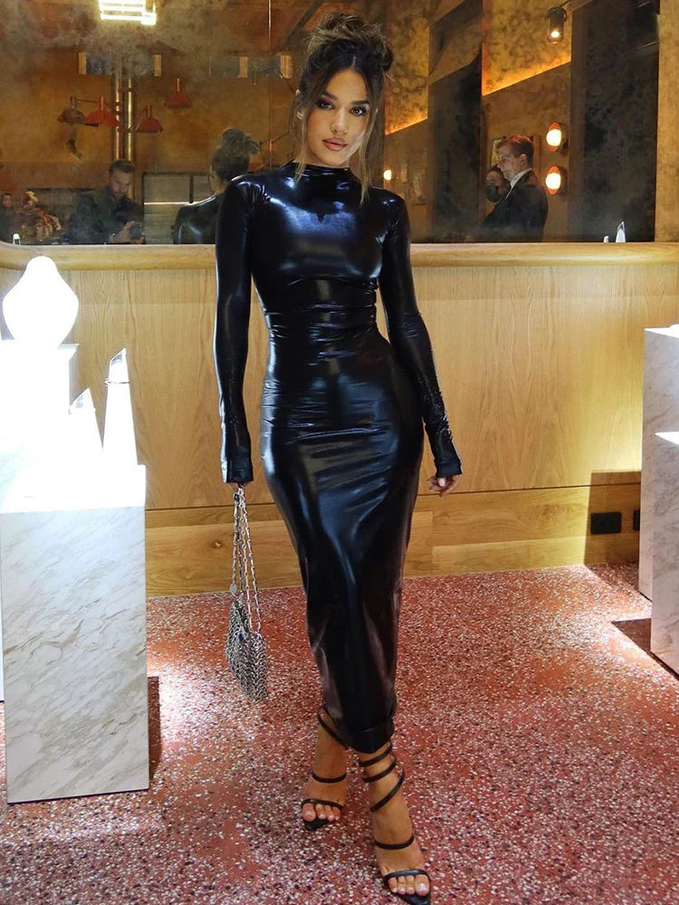 Faux Leather Turtleneck Slim Midi Dress