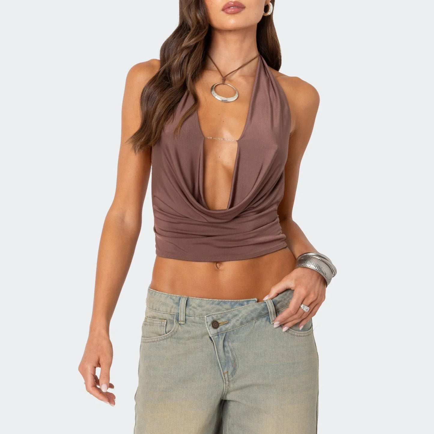 Halter Deep V Neck Backless Y2K Cami Top