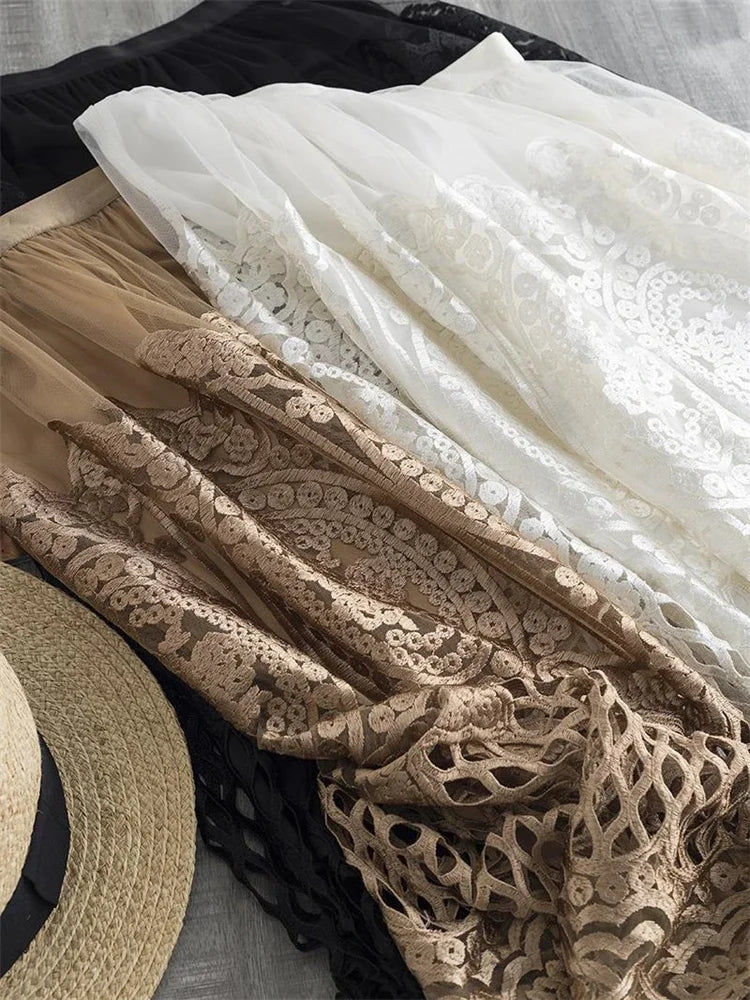 Wylla Metallic Embroidery Lace Tulle Midi Skirt