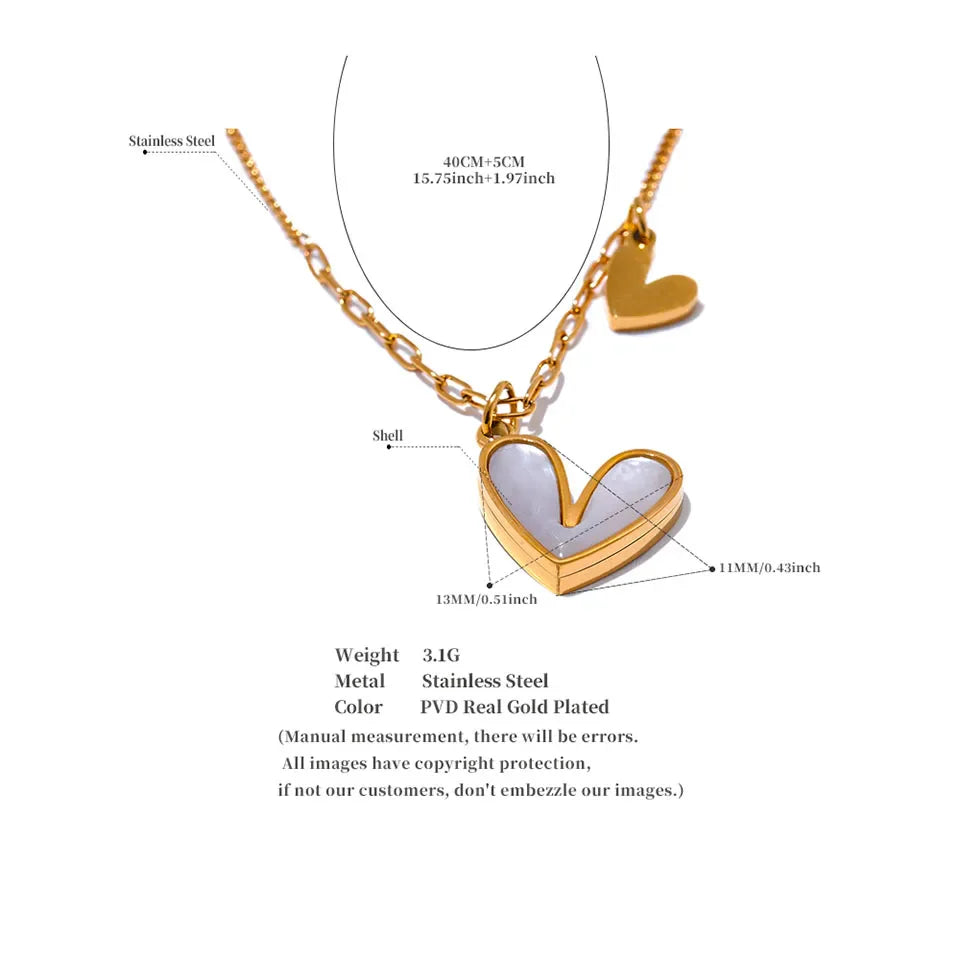 Enamel Natural Shell Linked Hearts Pendant Necklace