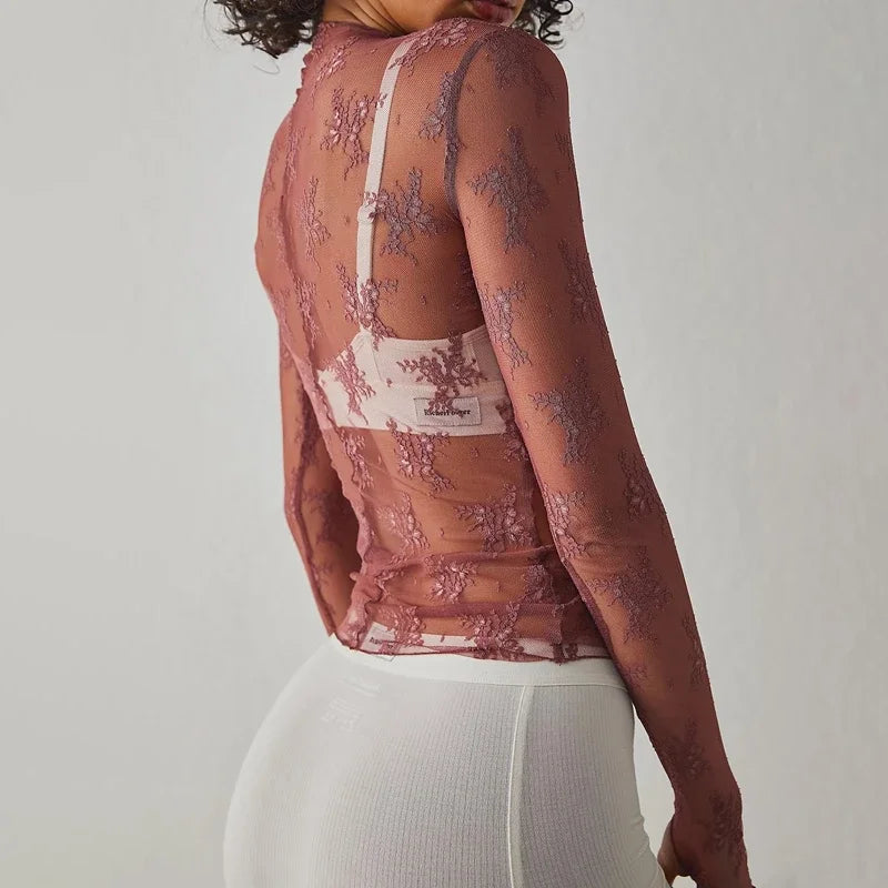 Mesh Long Sleeve Sheer Top