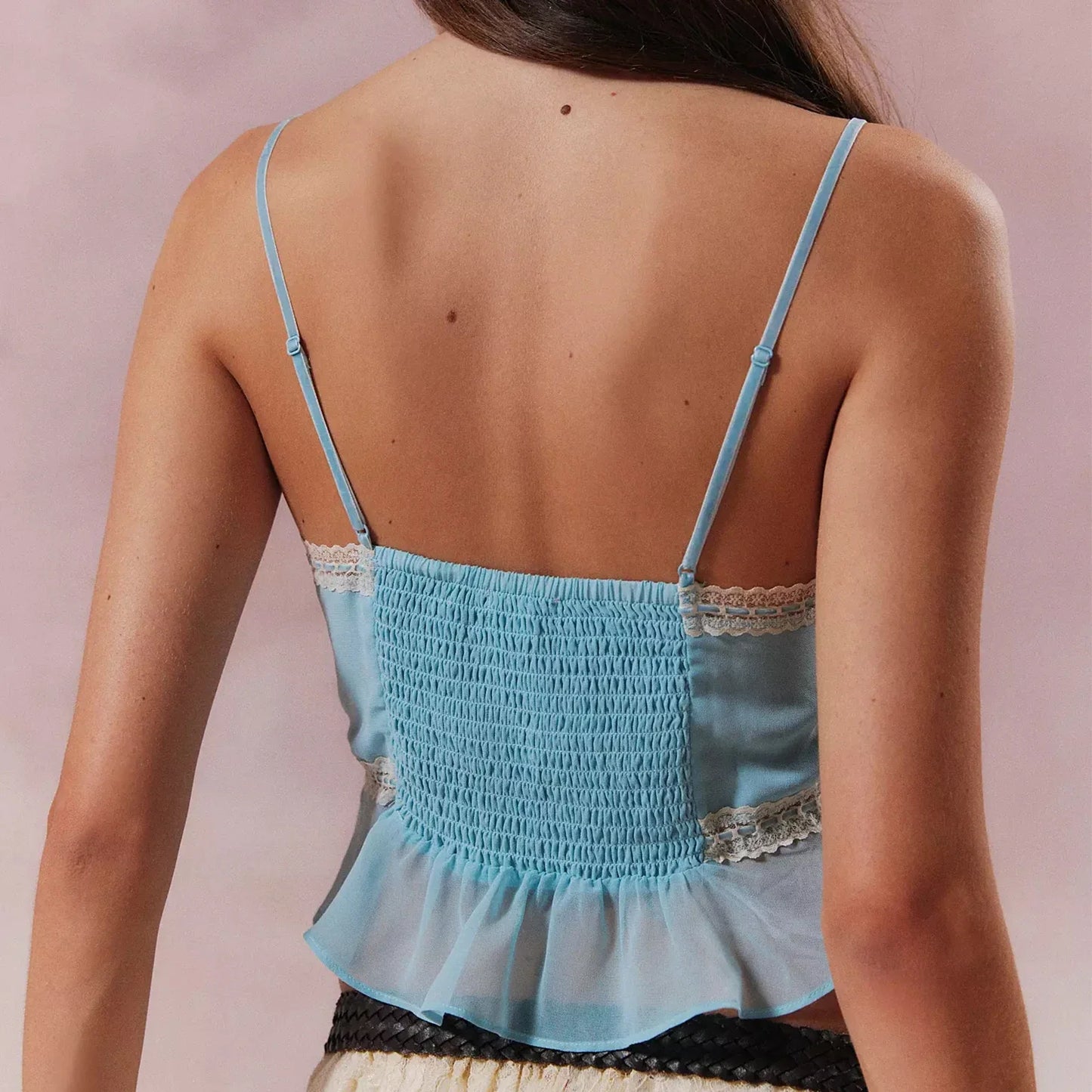 Sheer Mesh Lace Strap V Neck Cami Top