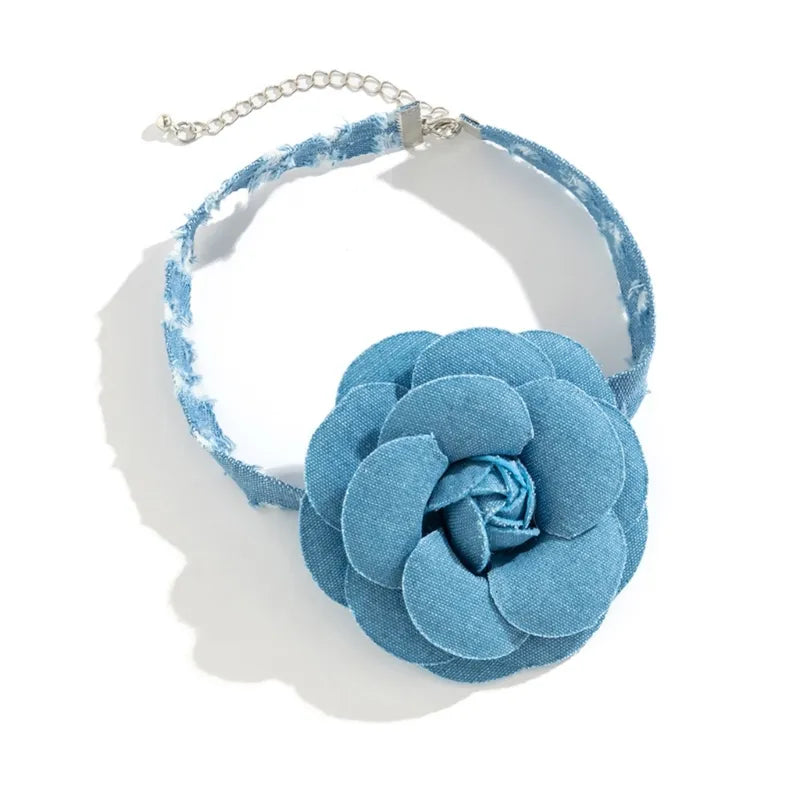 Denim Rose Corsage Choker Necklaces