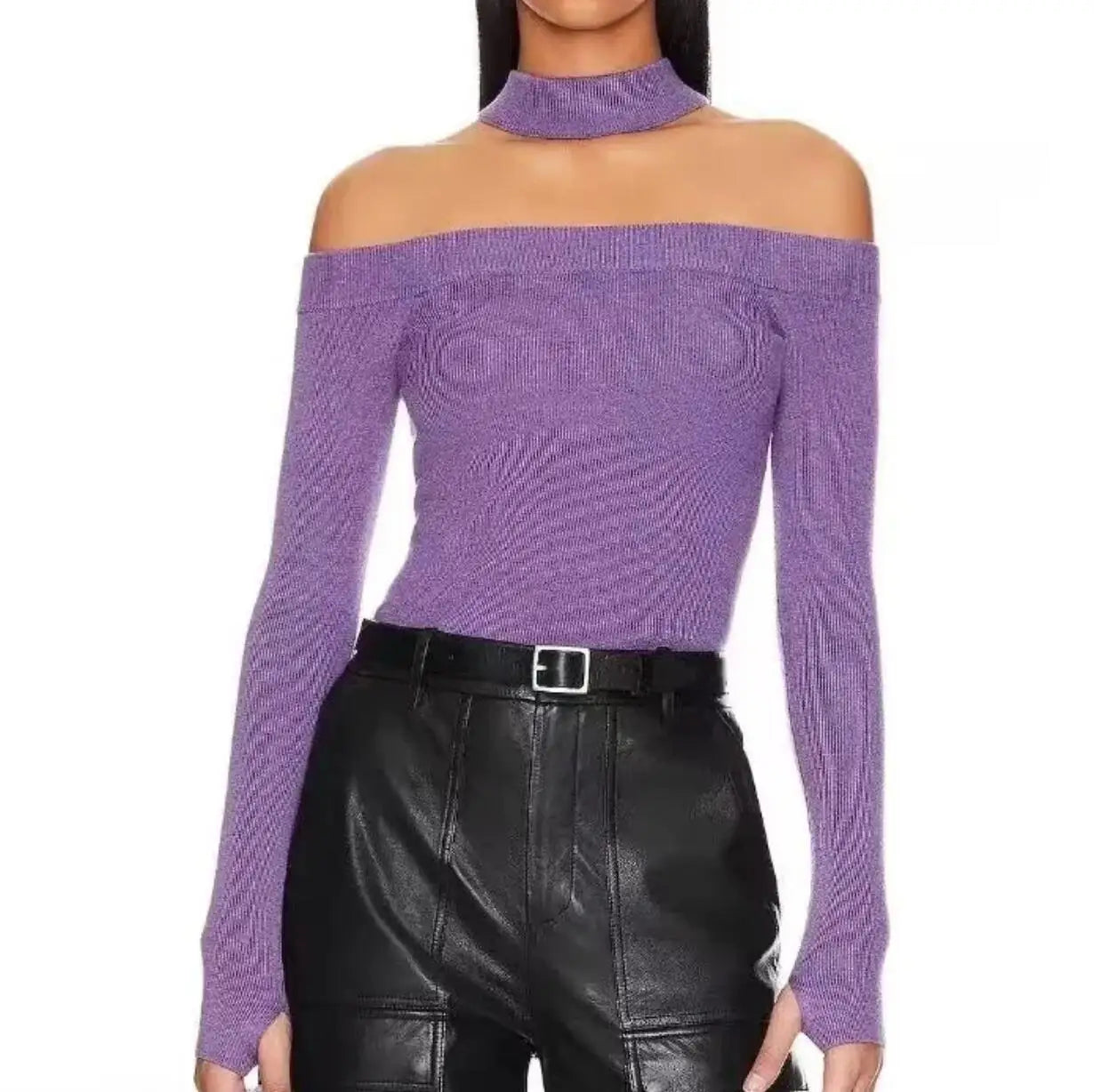 Taye Choker Off the Shoulder Purple Knit Top