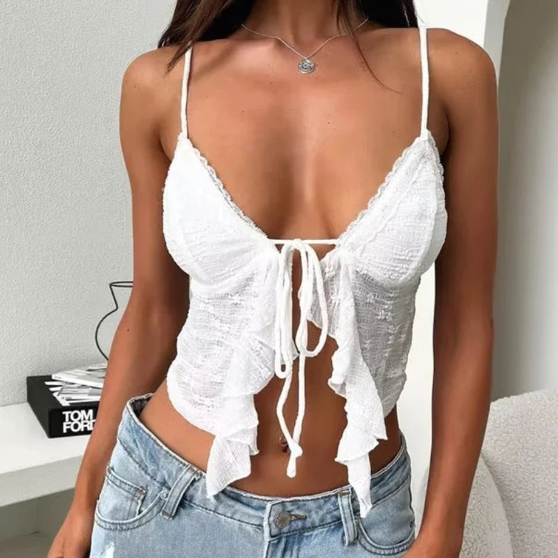 Tie Front Lace Trim Spaghetti Strap Cami Top