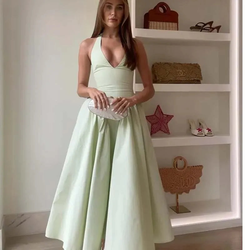 Backless Halter Green A-Line Midi Dress