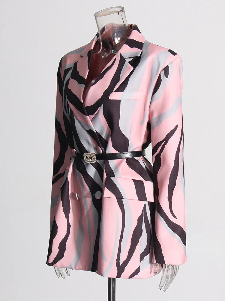 Lysa Pink Abstract Prints Belted Blazer
