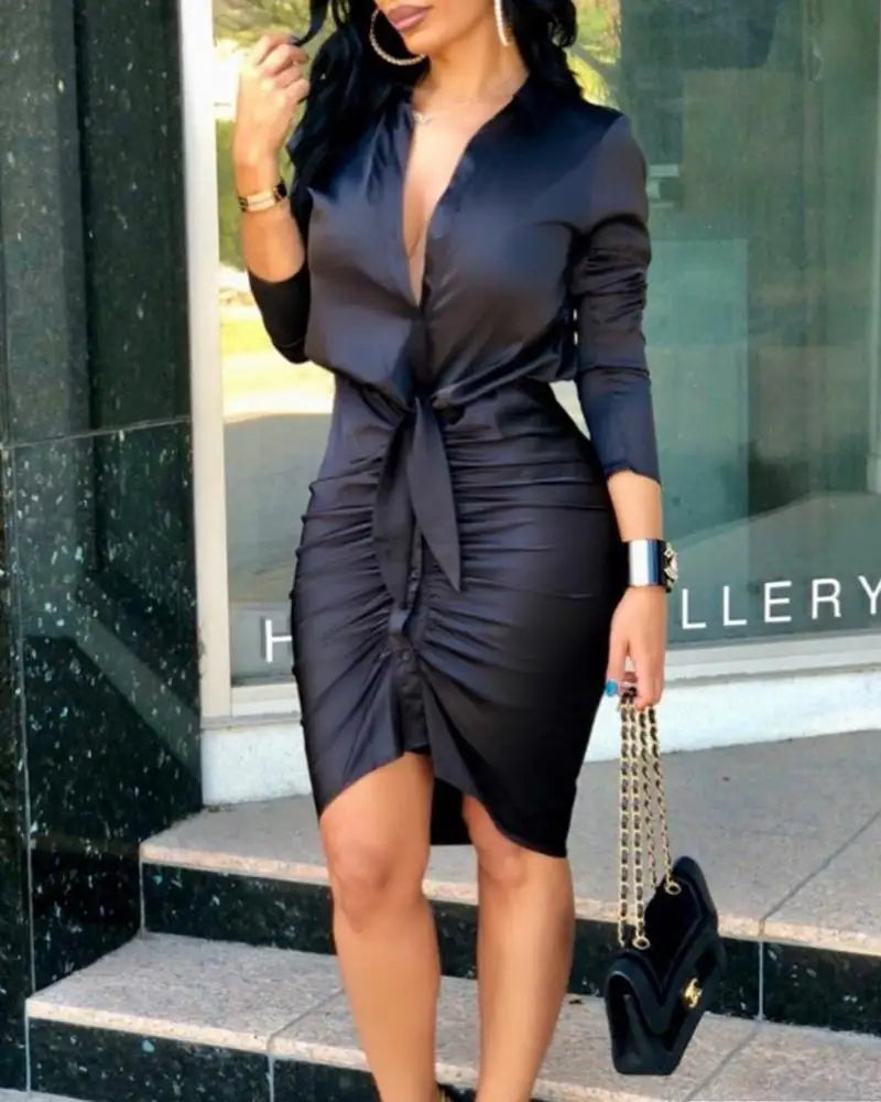 Deep V Neck Long Sleeve Bodycon Work Dress