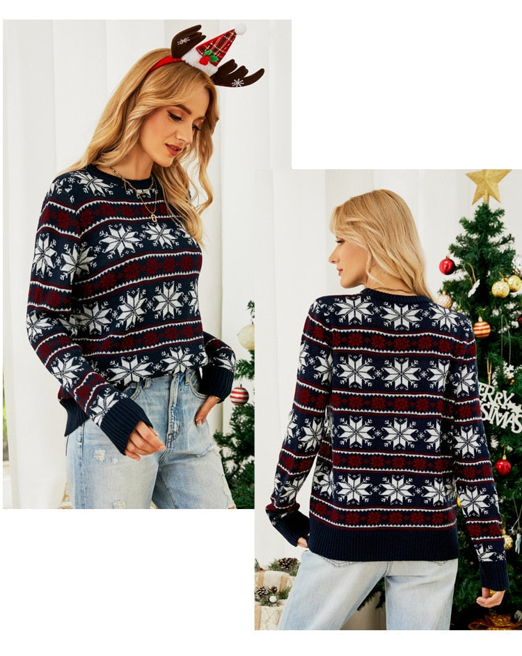 Christmas Long Sleeve Snowflake Round Neck Print Sweater Thick Knit Jumper Warm Sweater